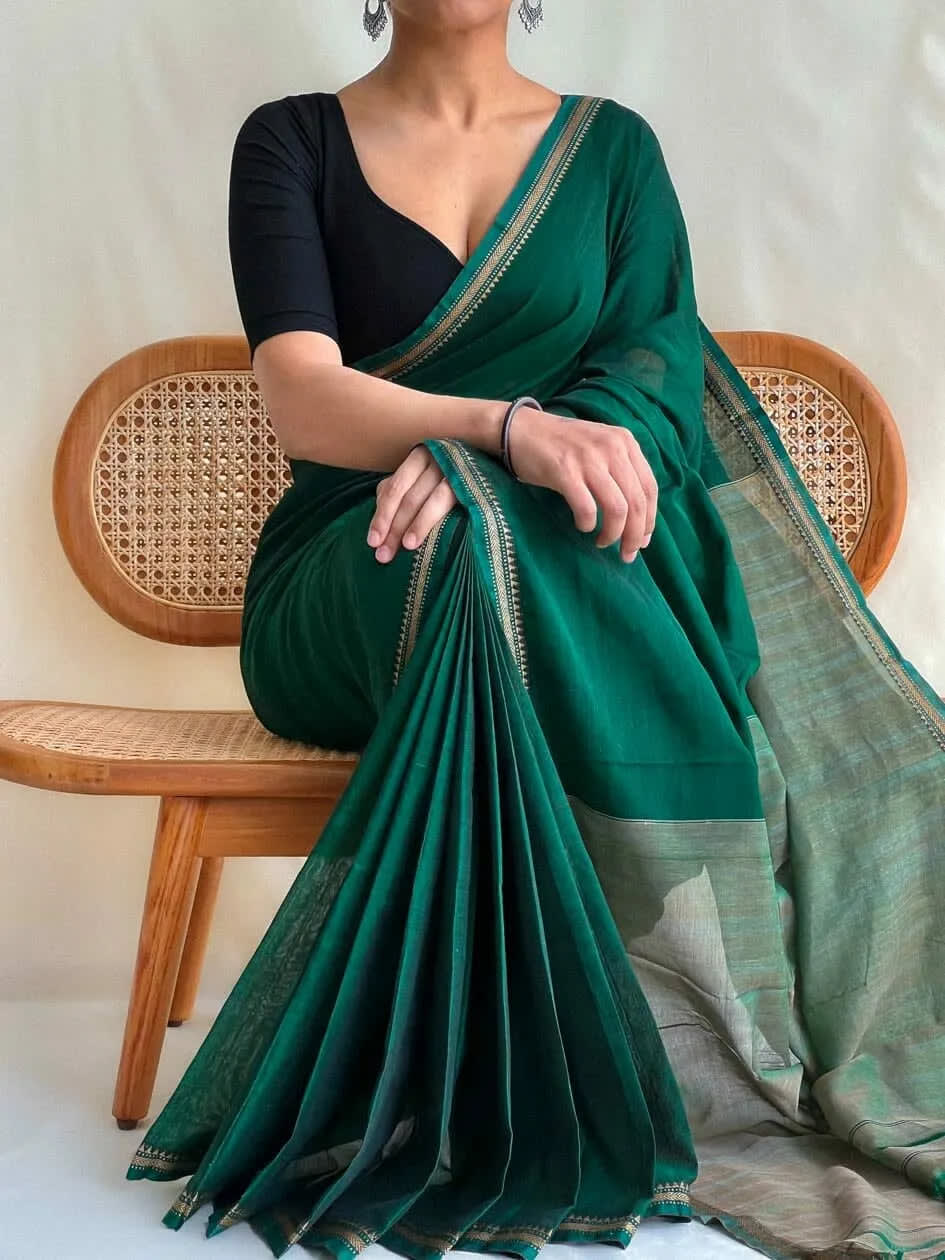 Bottle Green Ashwini Narayanpeth Pure Mercerised cotton Handloom Saree With Running Blouse Piece (Same as saree)