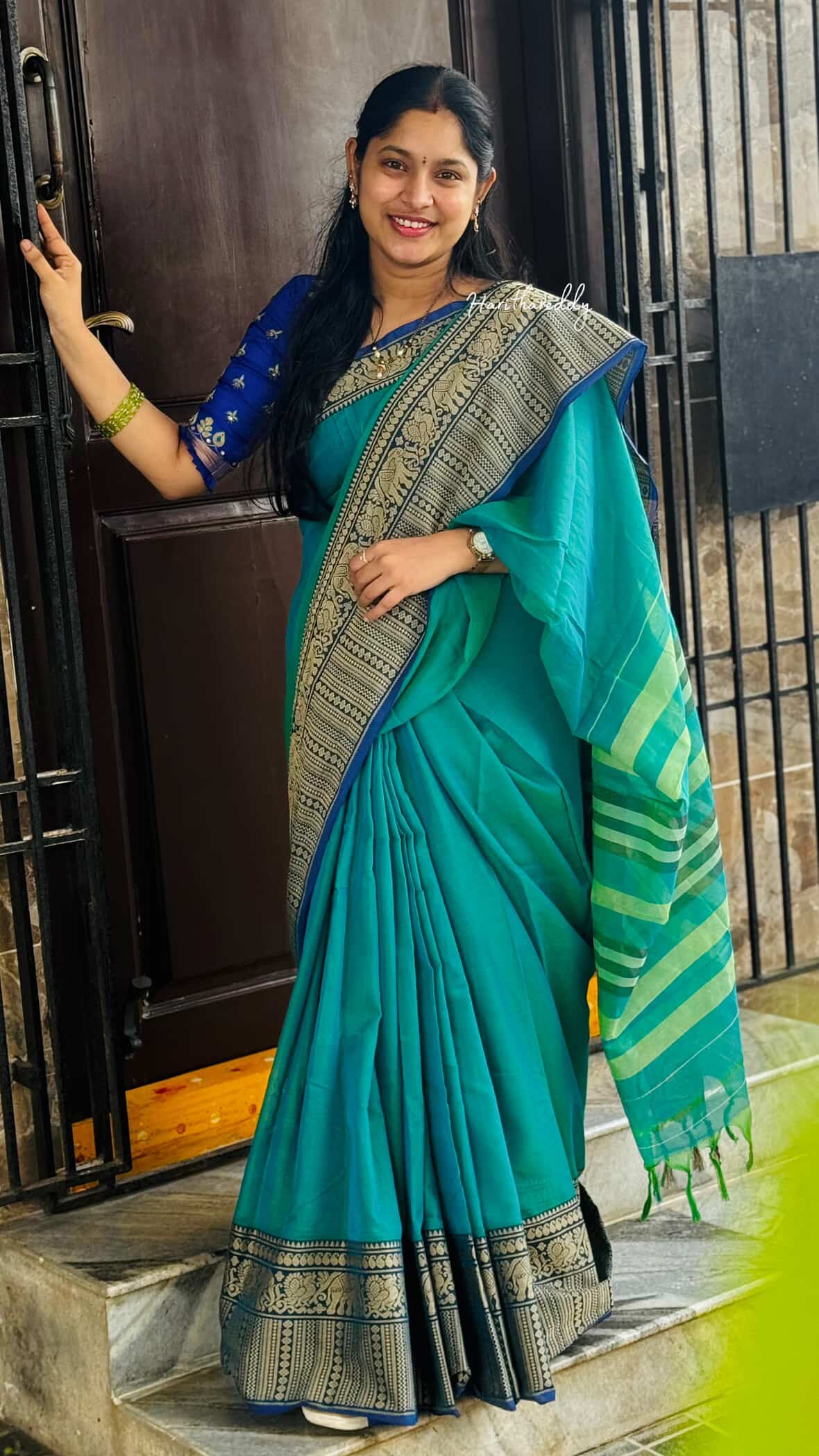 Teal Cotton Narayanpet Saree with Traditional Border | Handloom Style Look