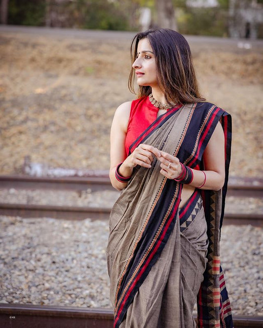 Charcoal Grey Rangoli Border Narayanpet Pure Handloom Cotton Sarees with Running blouse piece