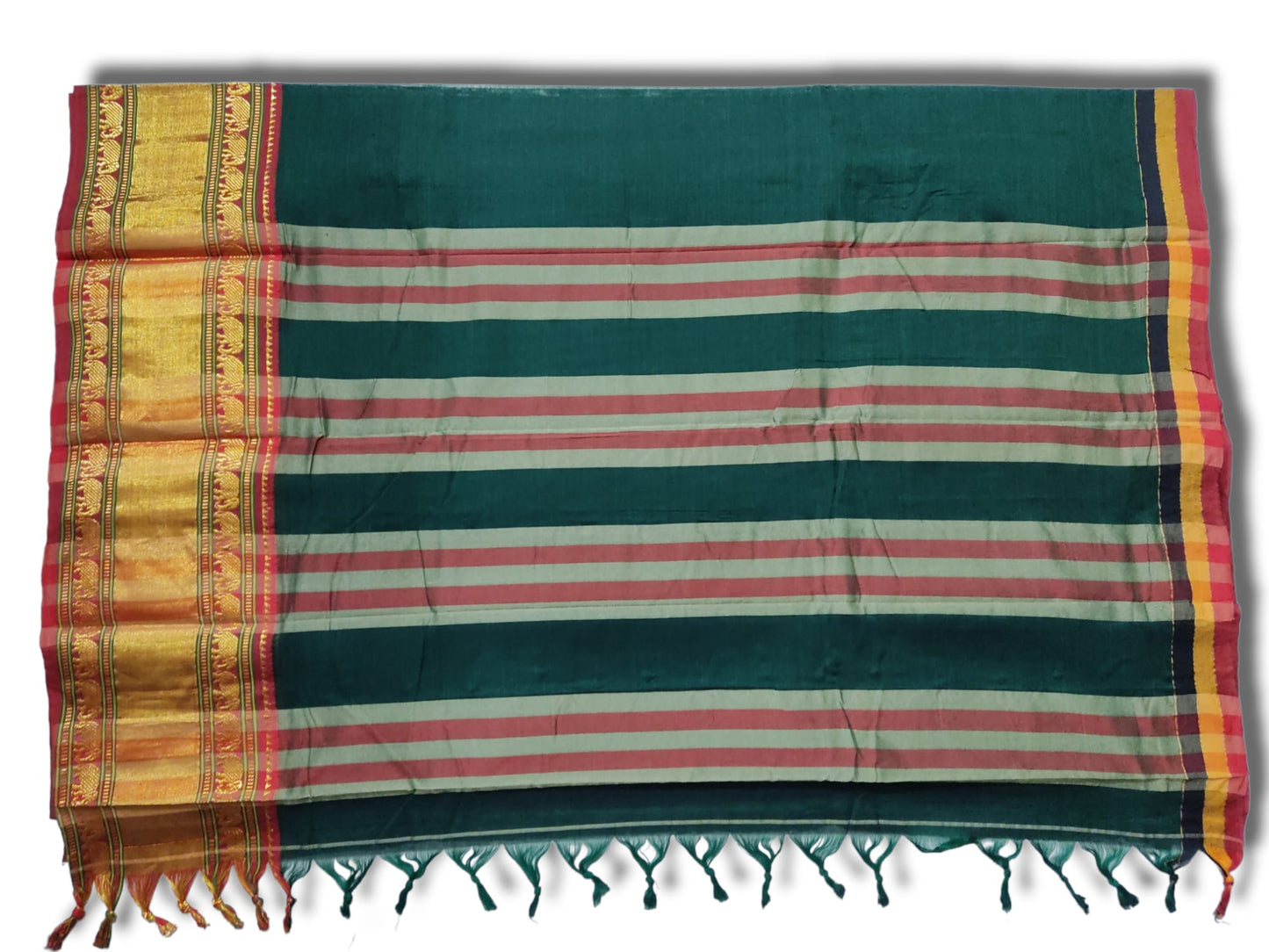 Bottle Green Double Elephant Border Narayanpet Pure Handloom Cotton Sarees with Running blouse piece