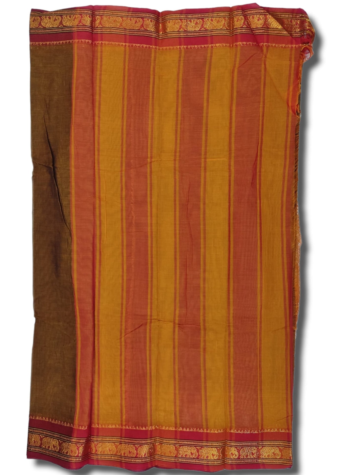 Brown Small Elephant Jari Border Narayanpet Pure Handloom Cotton Sarees with Running blouse (Khaki)