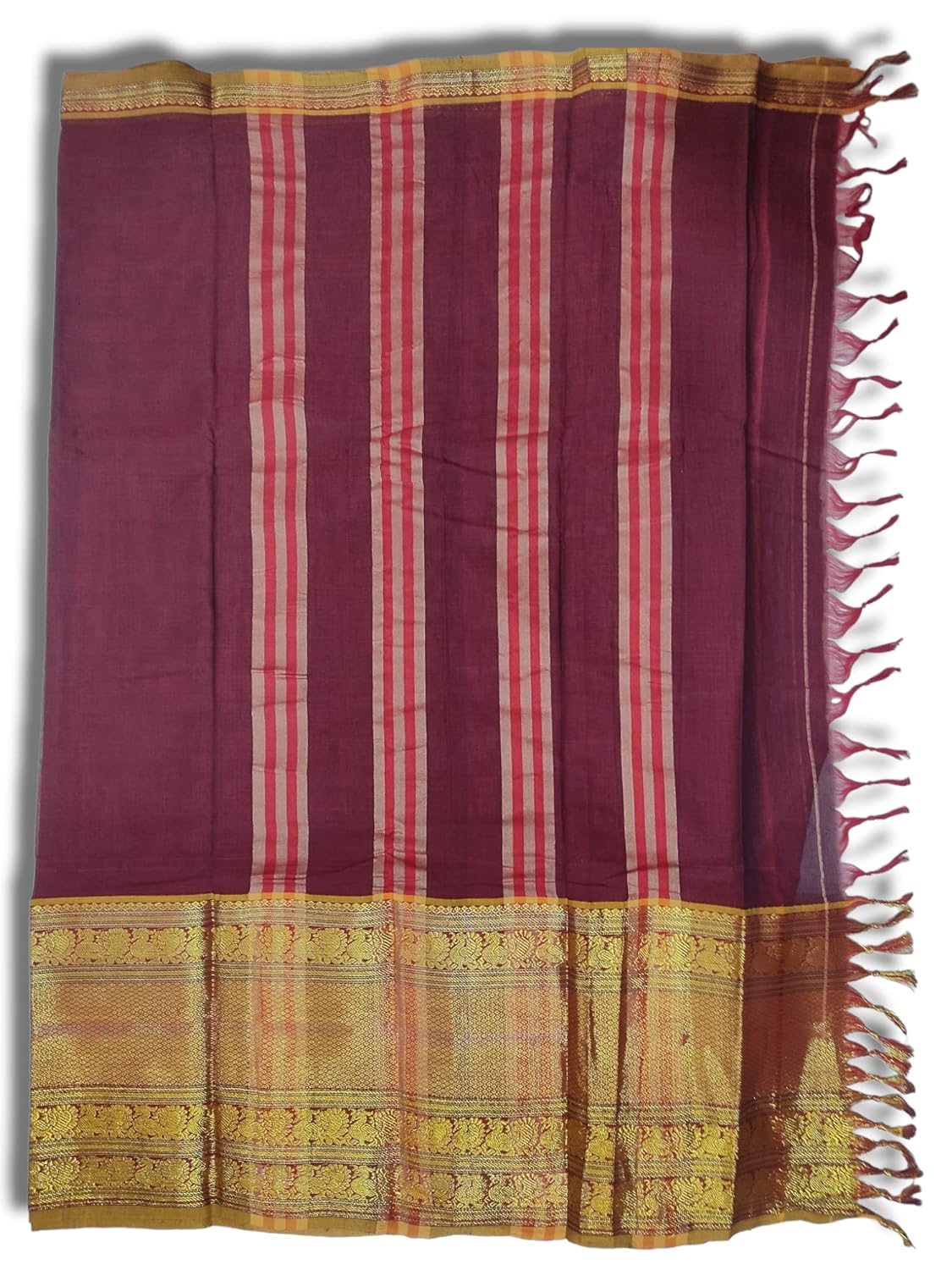 Tri Peacock Narayanpet Pure Cotton Saree With Running Blouse Piece (Jambla) (Maroon(Green Border) For Women