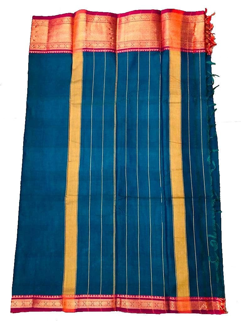 Sarees Pure Handloom Narayanpet Cotton Coin Zari Boarder With Blouse And Tussles Greenish Blue For Women