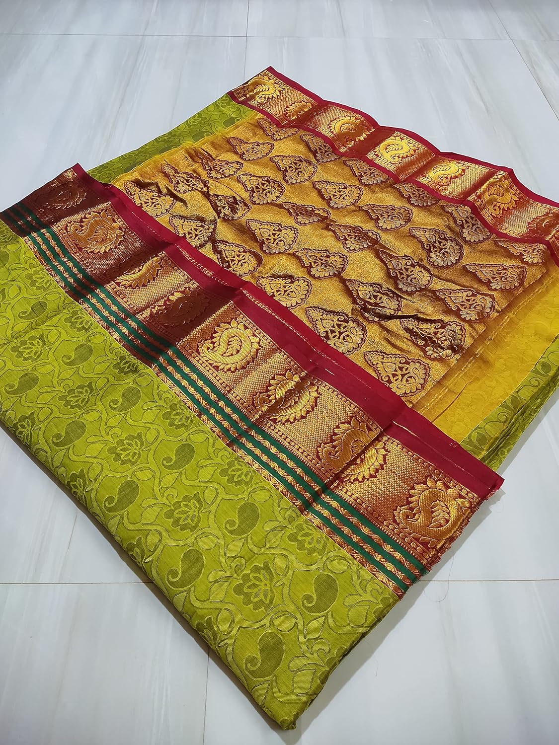 Narayanpet Cotton Saree Without Blouse Piece (Lite Mehandi) For Women