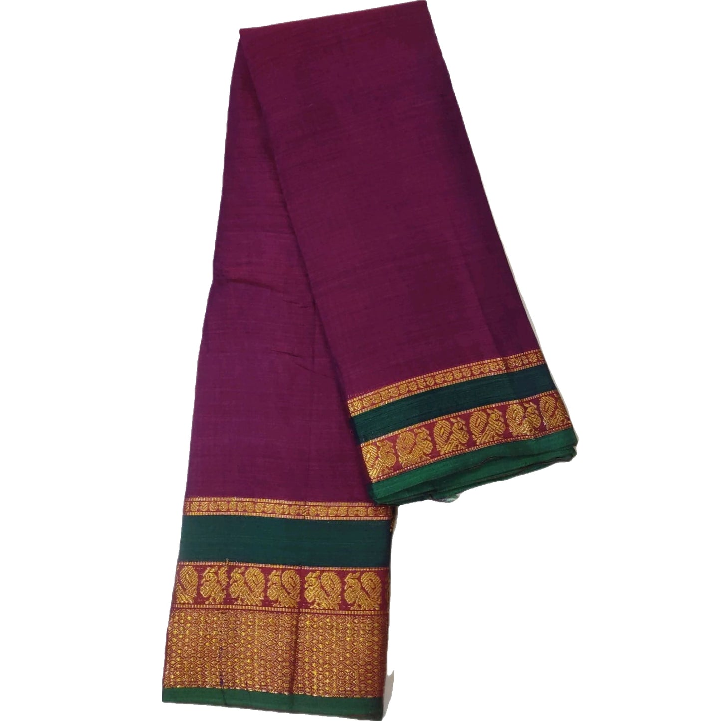 Double Shaded(Red+Violet) Peacock Border Narayanpet Pure Cotton saree with Running blouse piece (Magenta)
