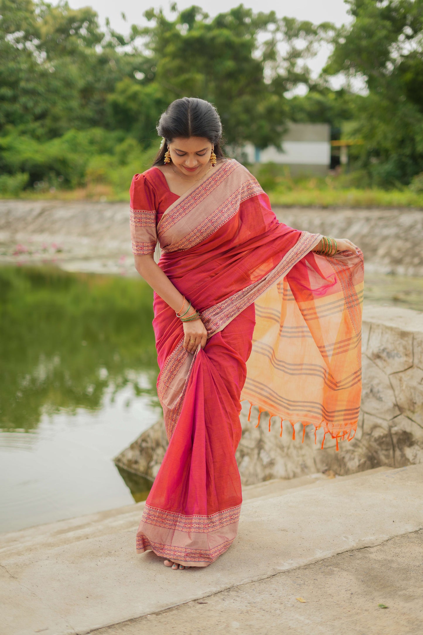 Dual Shaded Orangish Pink Madhuri Narayanpet Pure Cotton Saree