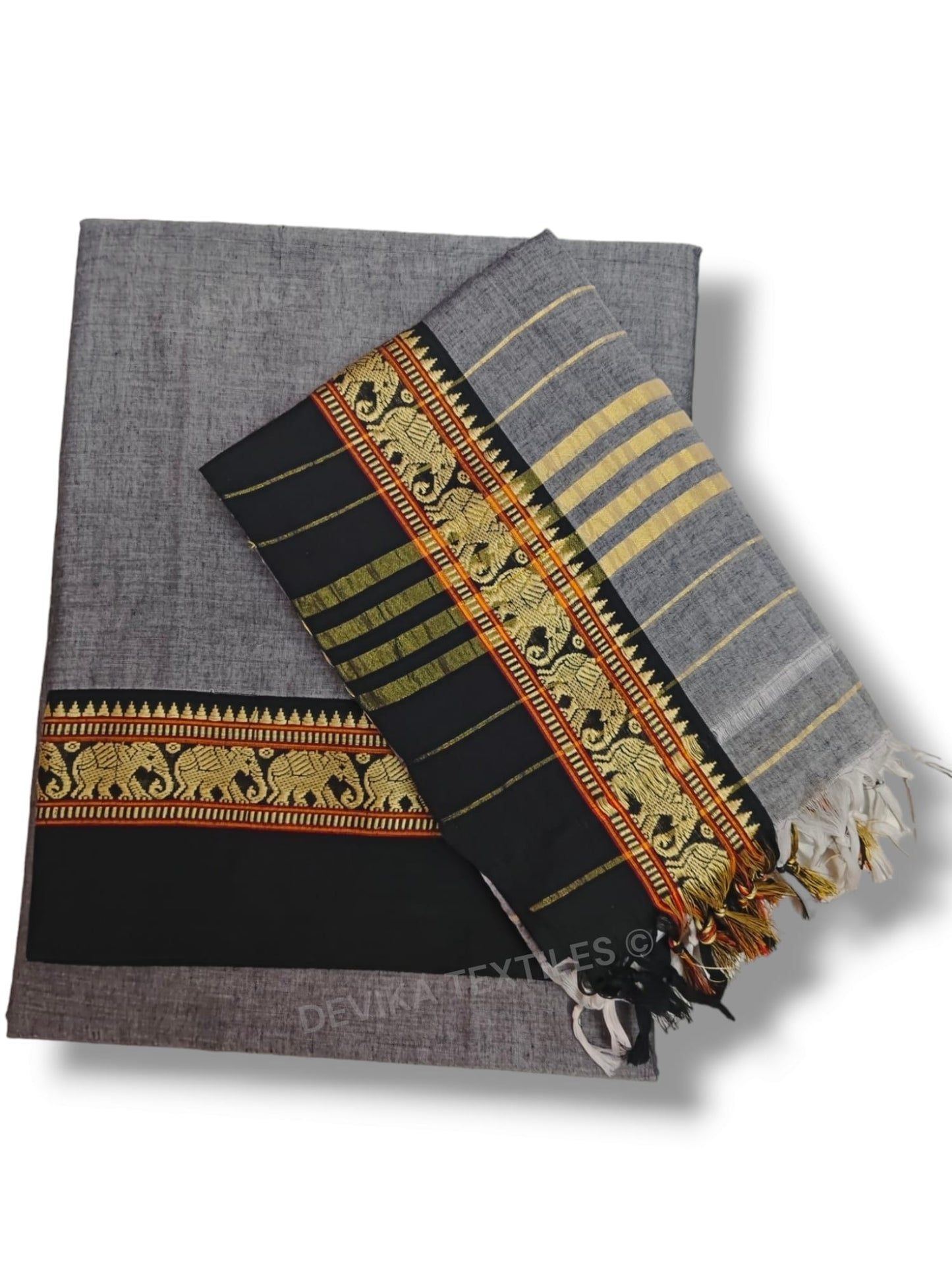 Grey 100% Pure Narayanpeth Cotton Elephant Border Dress Material