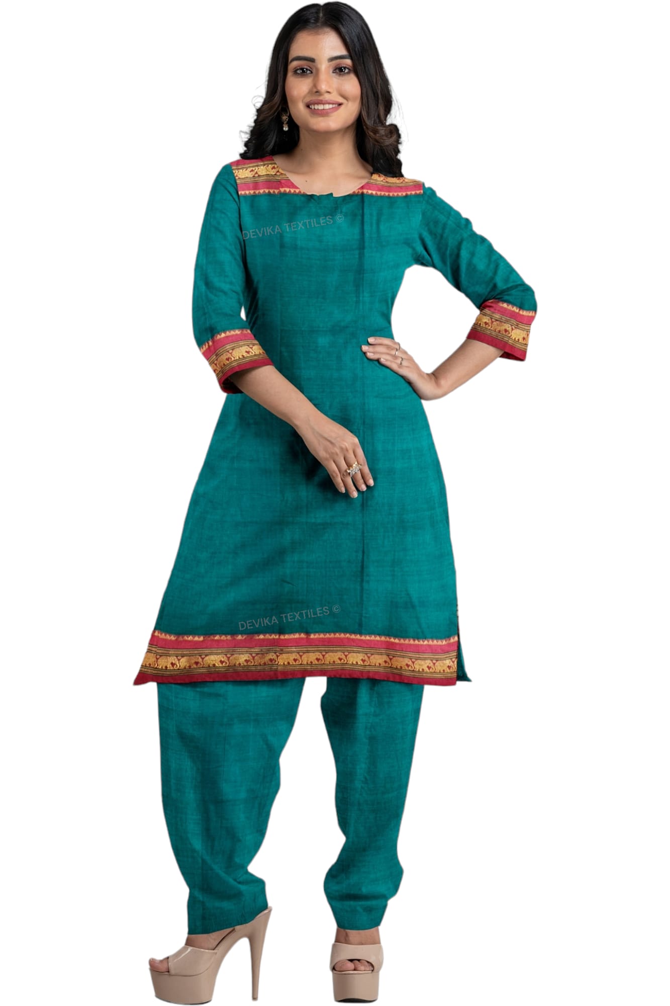 Bottle Green 100% Pure Narayanpeth Cotton Elephant Border Dress Material