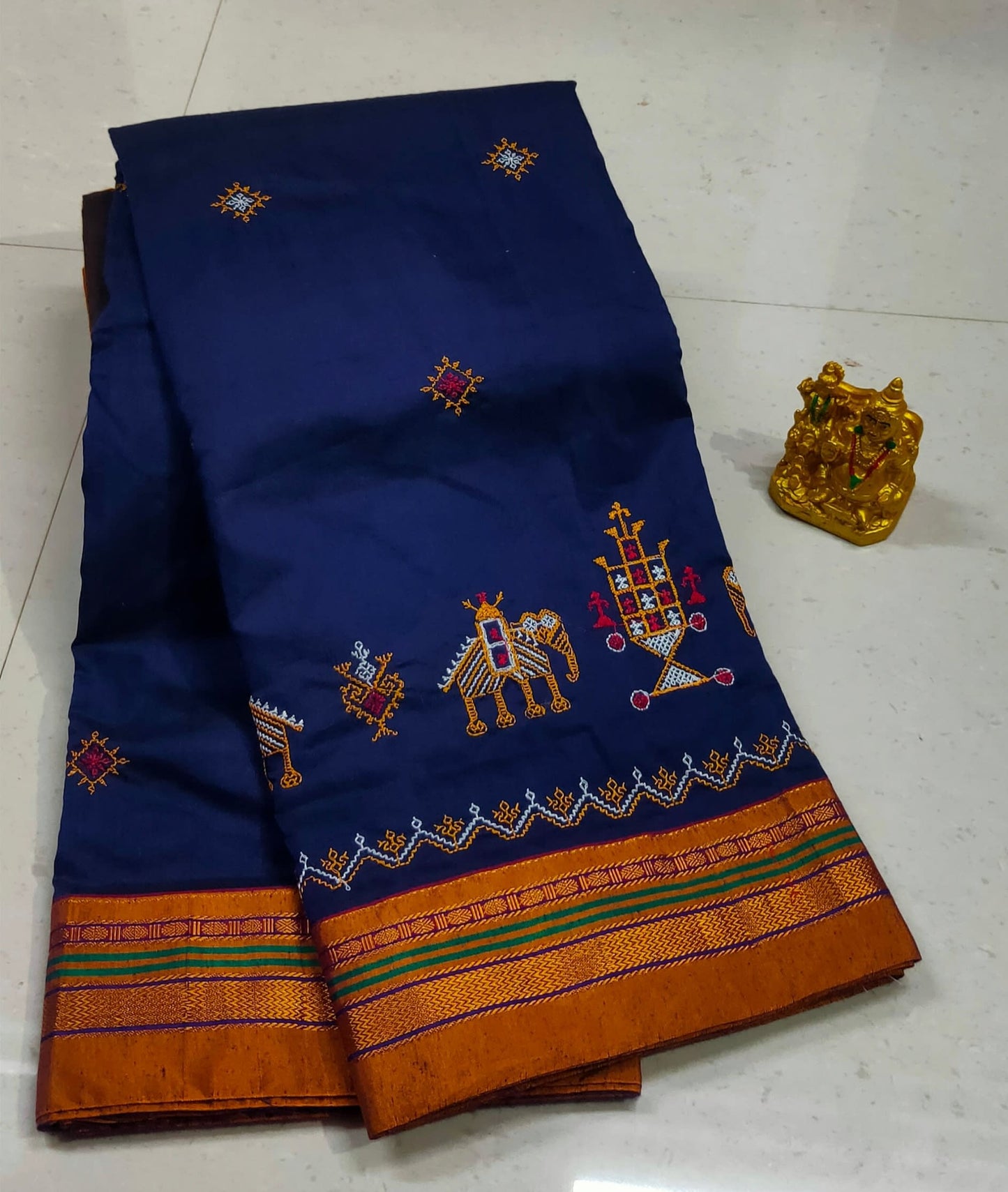 Navy Blue Kasuti Work Cottonsilk saree with Running blouse piece (Same as saree)