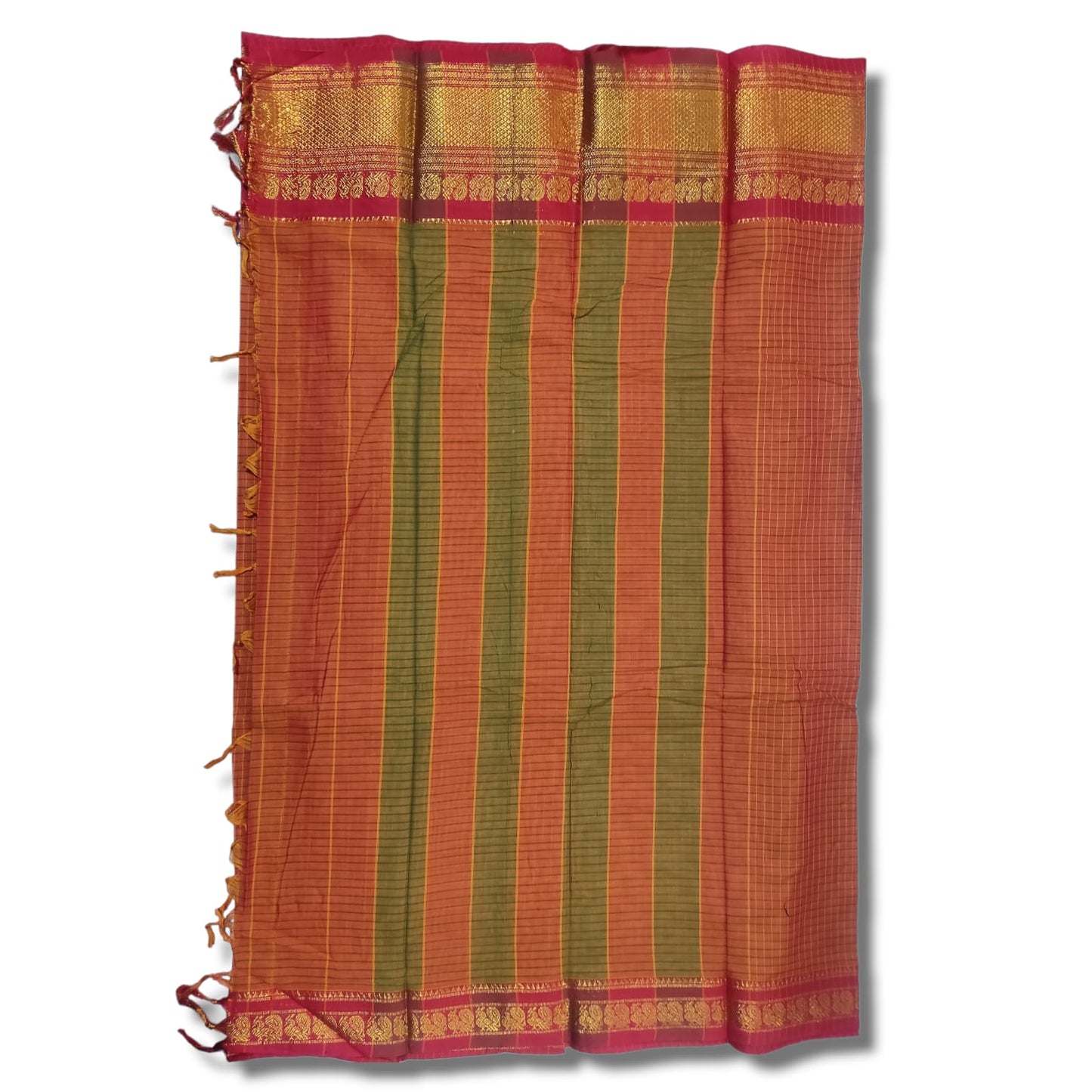 Orange Checks Narayanpet Cotton saree Woven Gold Jari In Border with Running blouse piece (checks_orange)