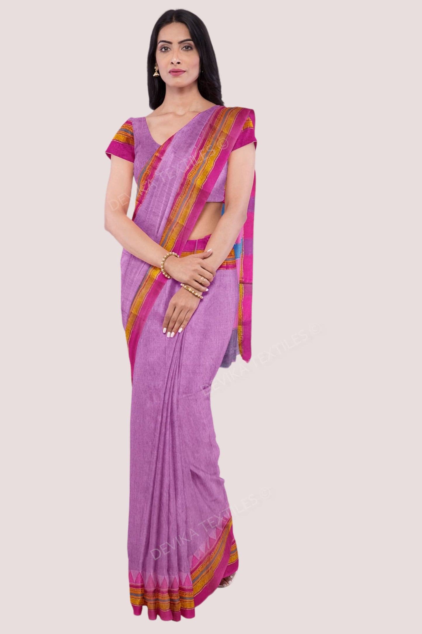 Pink Ilkal Cottonsilk M Border Saree with Running blouse piece