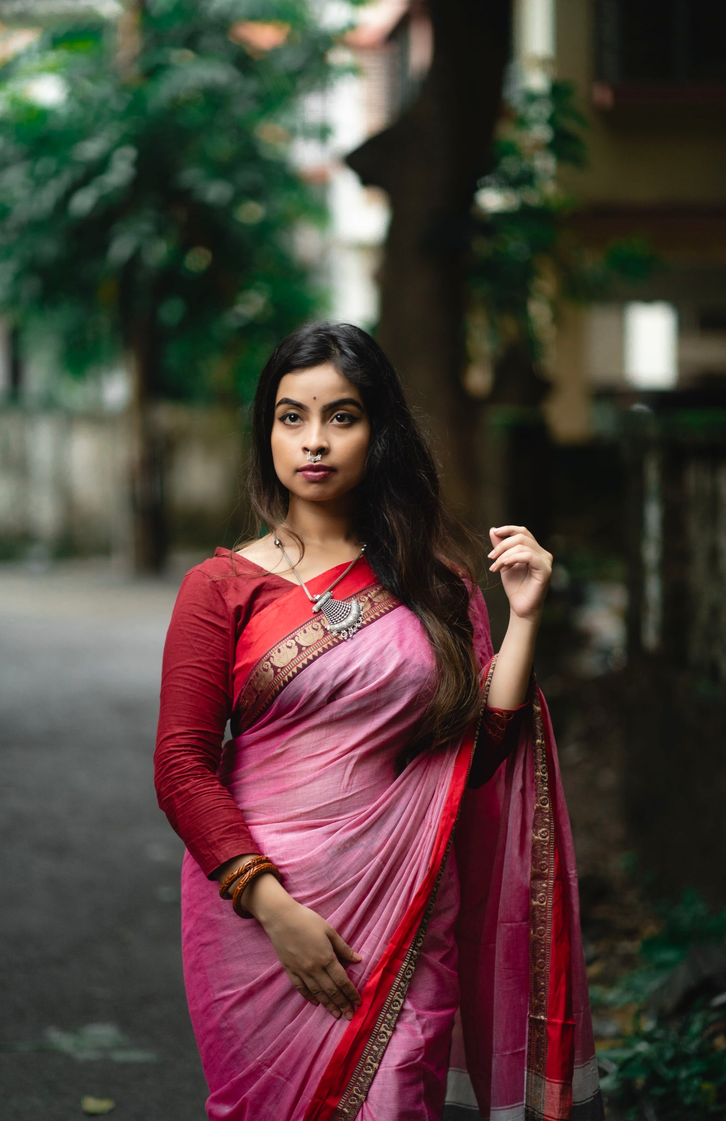 Pinkish Grey Elephant Border Narayanpeth Pure cotton saree with Running blouse piece (Same as saree)
