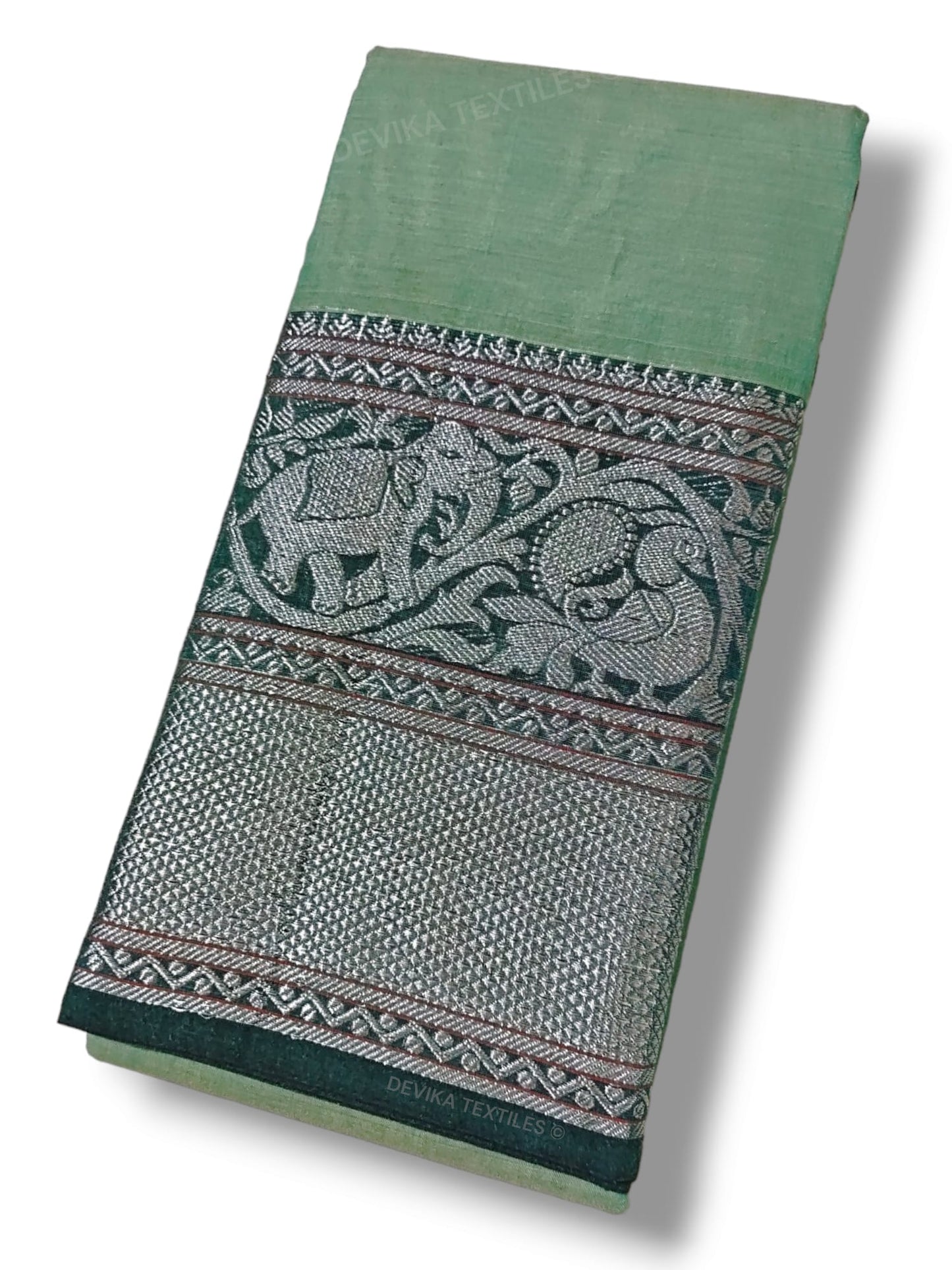 Pista Tanvi silver border Pure cotton Narayanpeth handloom saree with running blouse piece