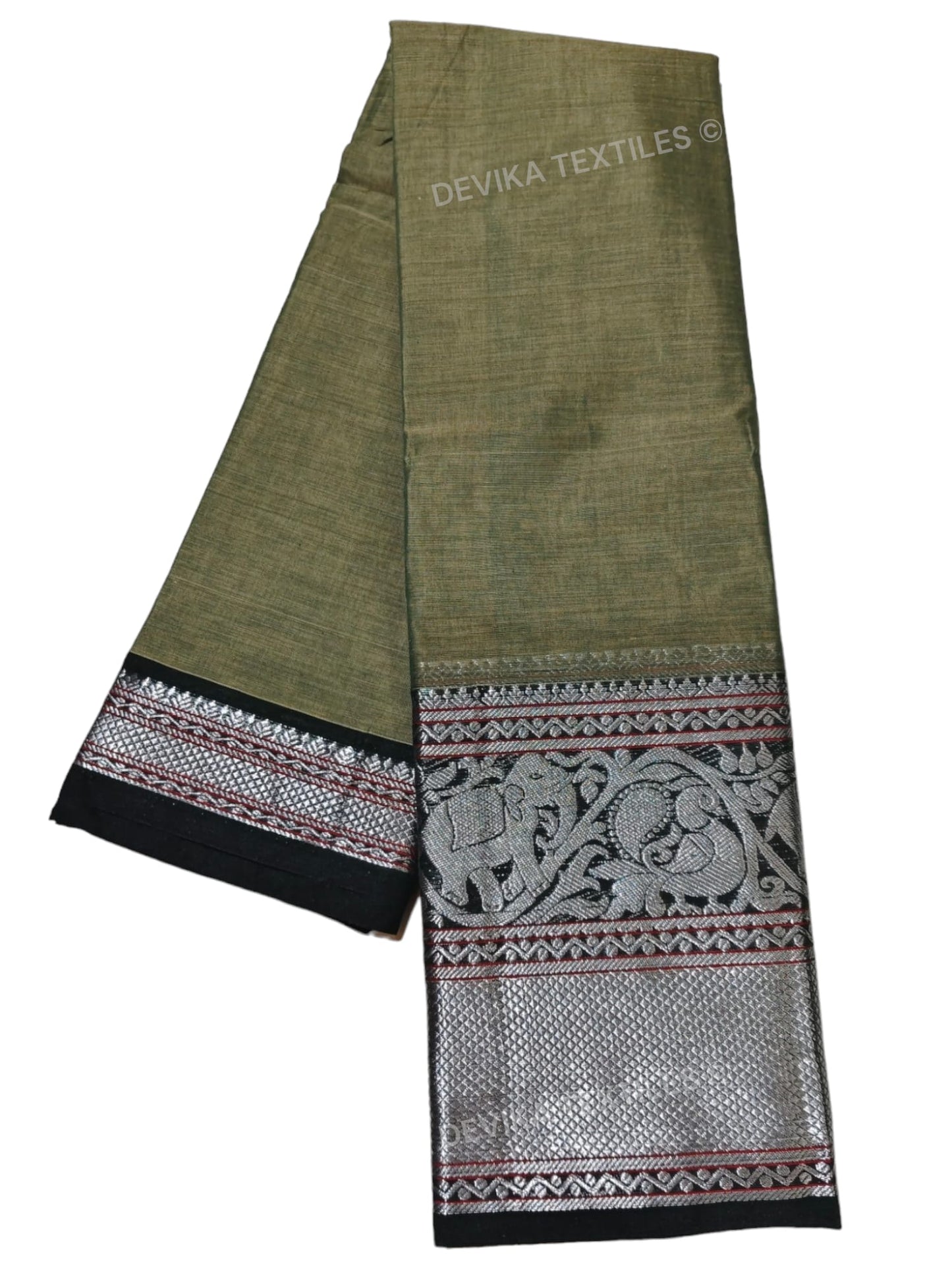 Pista Tanvi silver border Pure cotton Narayanpeth handloom saree with running blouse piece