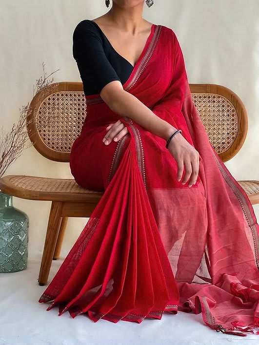 Red Ashwini Narayanpeth Cotton Saree With Running Blouse Piece (Same As Saree)