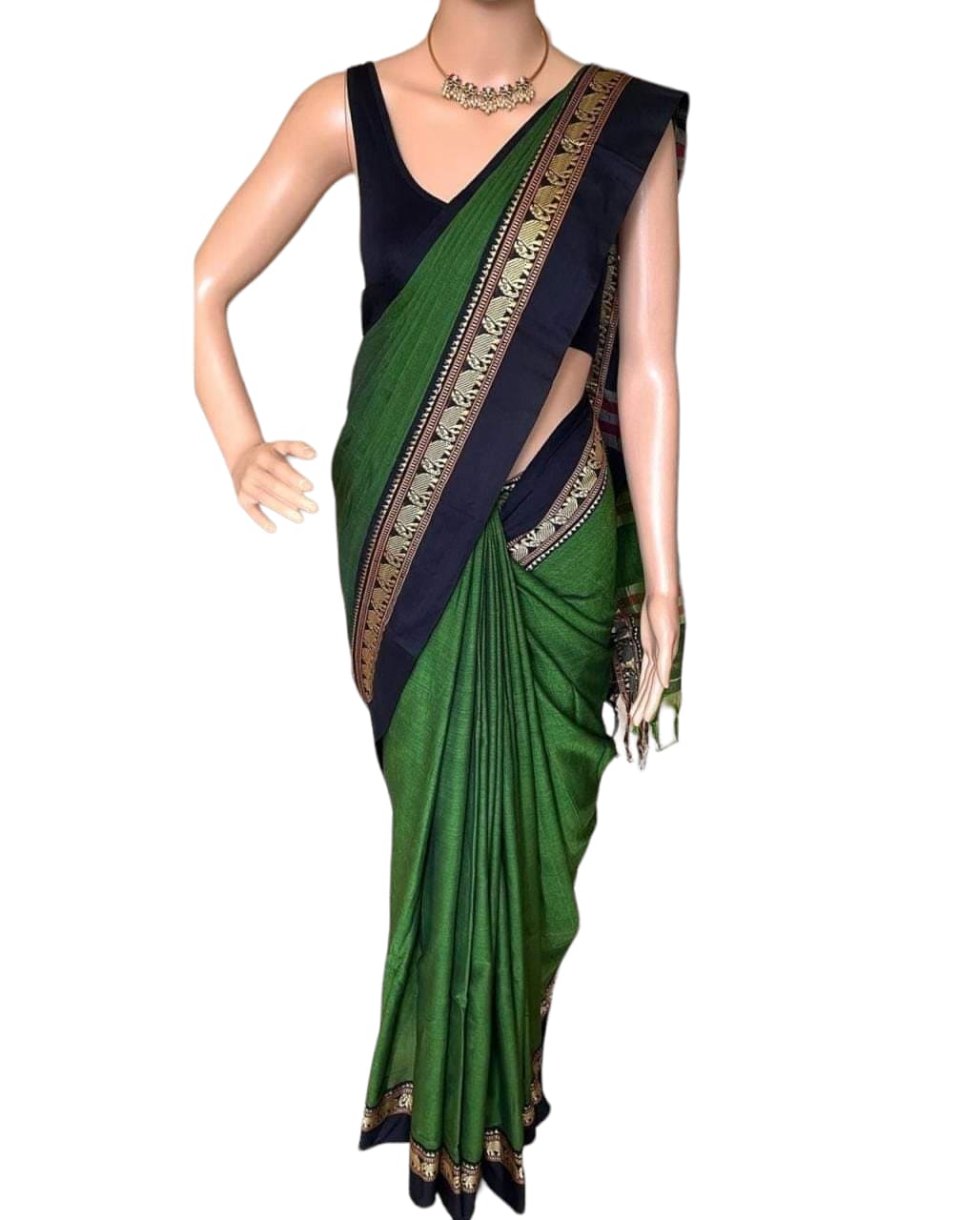 Elephant Border Treditional Handloom Pure Masarised Cotton Saree With Running Blouse Piece (Green) For Women