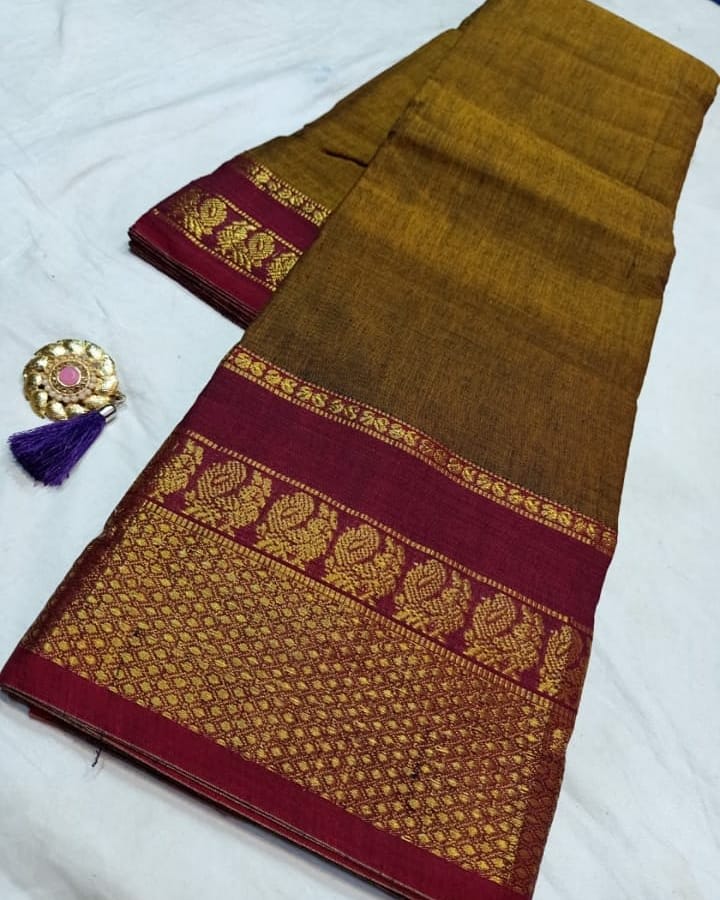 Narayanpet Pure Cotton Saree With Running Blouse Piece (Khaki) For Women