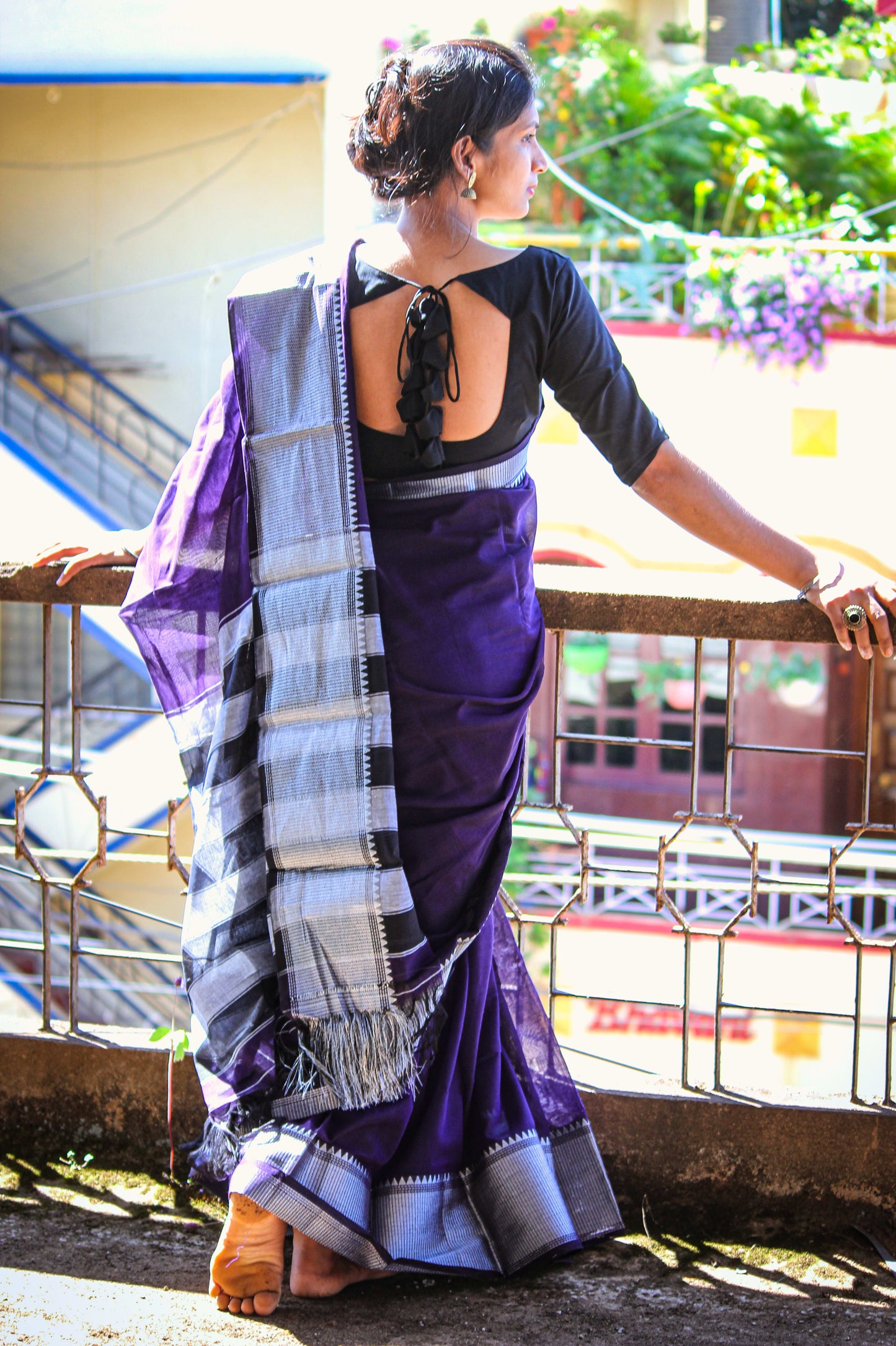 Voilet Sahitya Silver Jari Border Narayanpet Pure Cotton saree with Running blouse piece