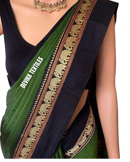 Pure Handloom Narayanpeth Cotton Saree With Running Blouse Piece (Greenb) For Women