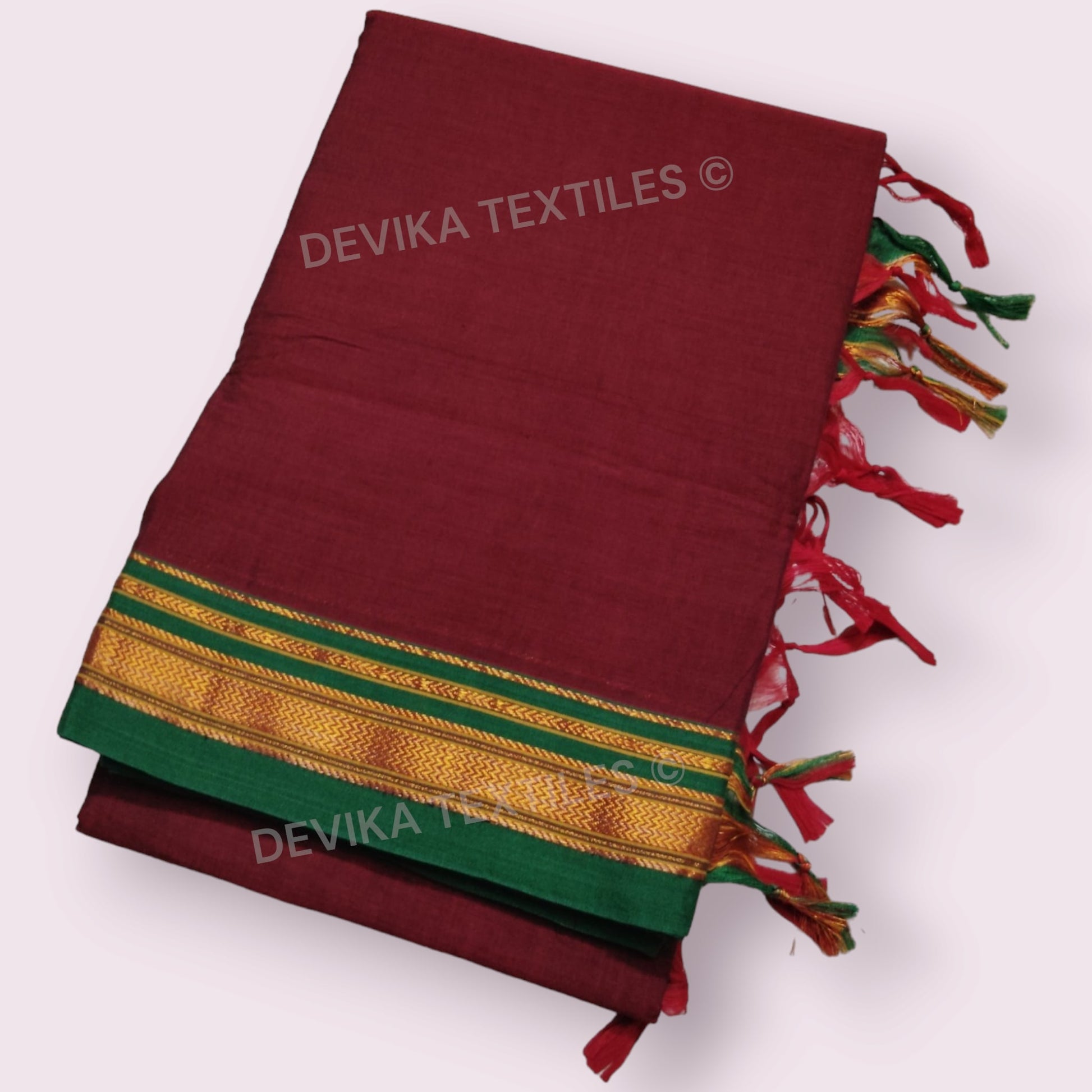 maroon  ilkal paras border pure mercerised cotton saree with running blouse piece