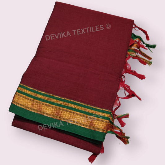 maroon  ilkal paras border pure mercerised cotton saree with running blouse piece