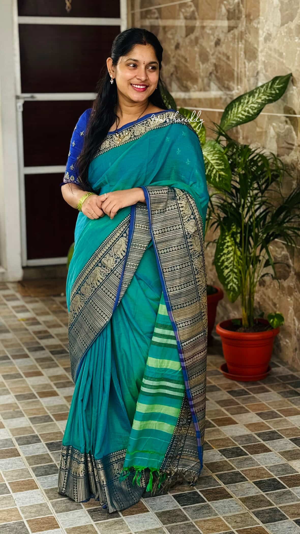 Teal Cotton Narayanpet Saree with Traditional Border | Handloom Style Look