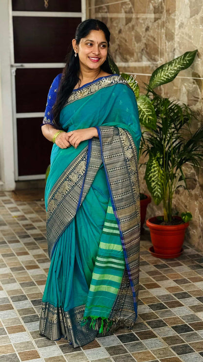 Teal Cotton Narayanpet Saree with Traditional Border | Handloom Style Look