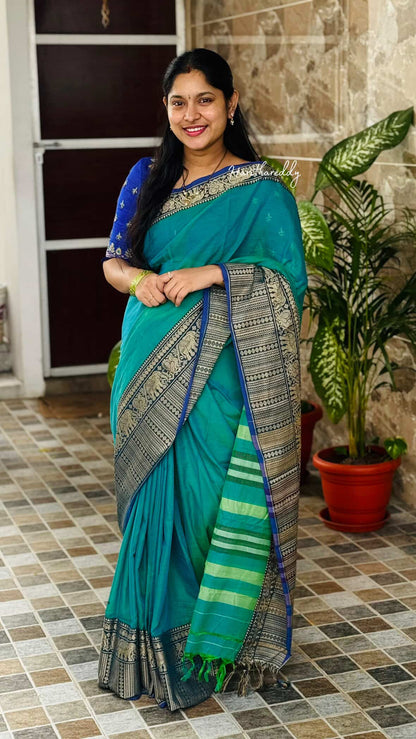 Teal Cotton Narayanpet Saree with Traditional Border | Handloom Style Look