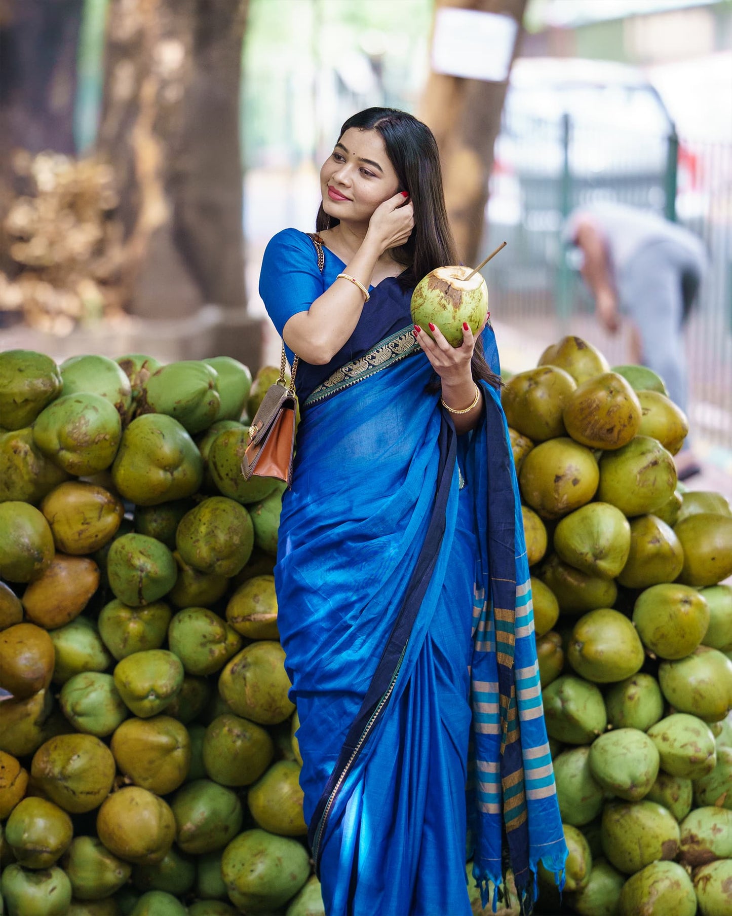 Ananda Blue Elephant Motif Narayanpet Pure  cotton saree