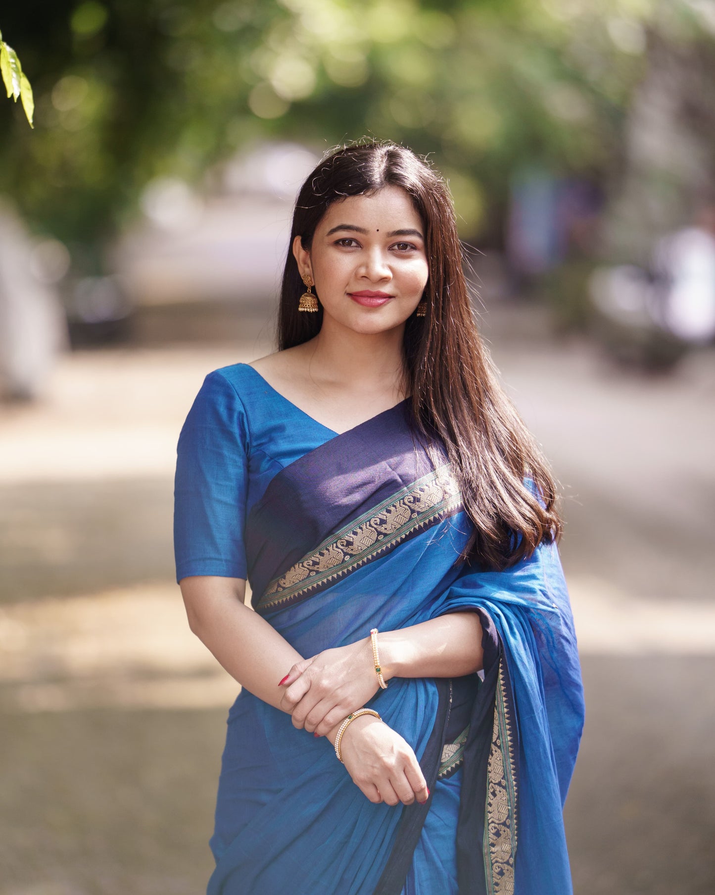 Ananda Blue Elephant Motif Narayanpet Pure  cotton saree