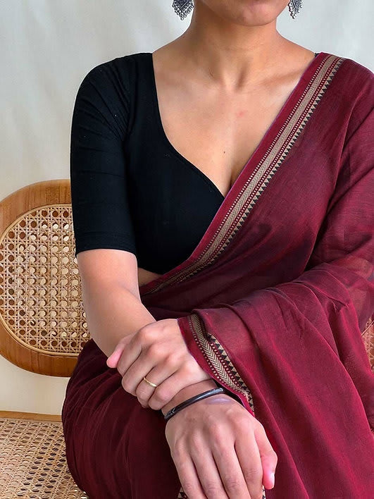 Ashwini Maroon Narayanpeth Pure Handloom Mercerised Cotton Saree With Running Blouse Piece