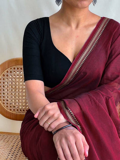 Ashwini Maroon Narayanpeth Pure Handloom Mercerised Cotton Saree With Running Blouse Piece