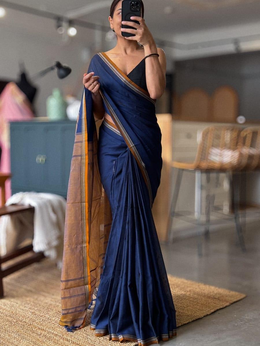 Ashwini Voilet Narayanpet pure cotton saree with Running blouse piece (Same As Saree)