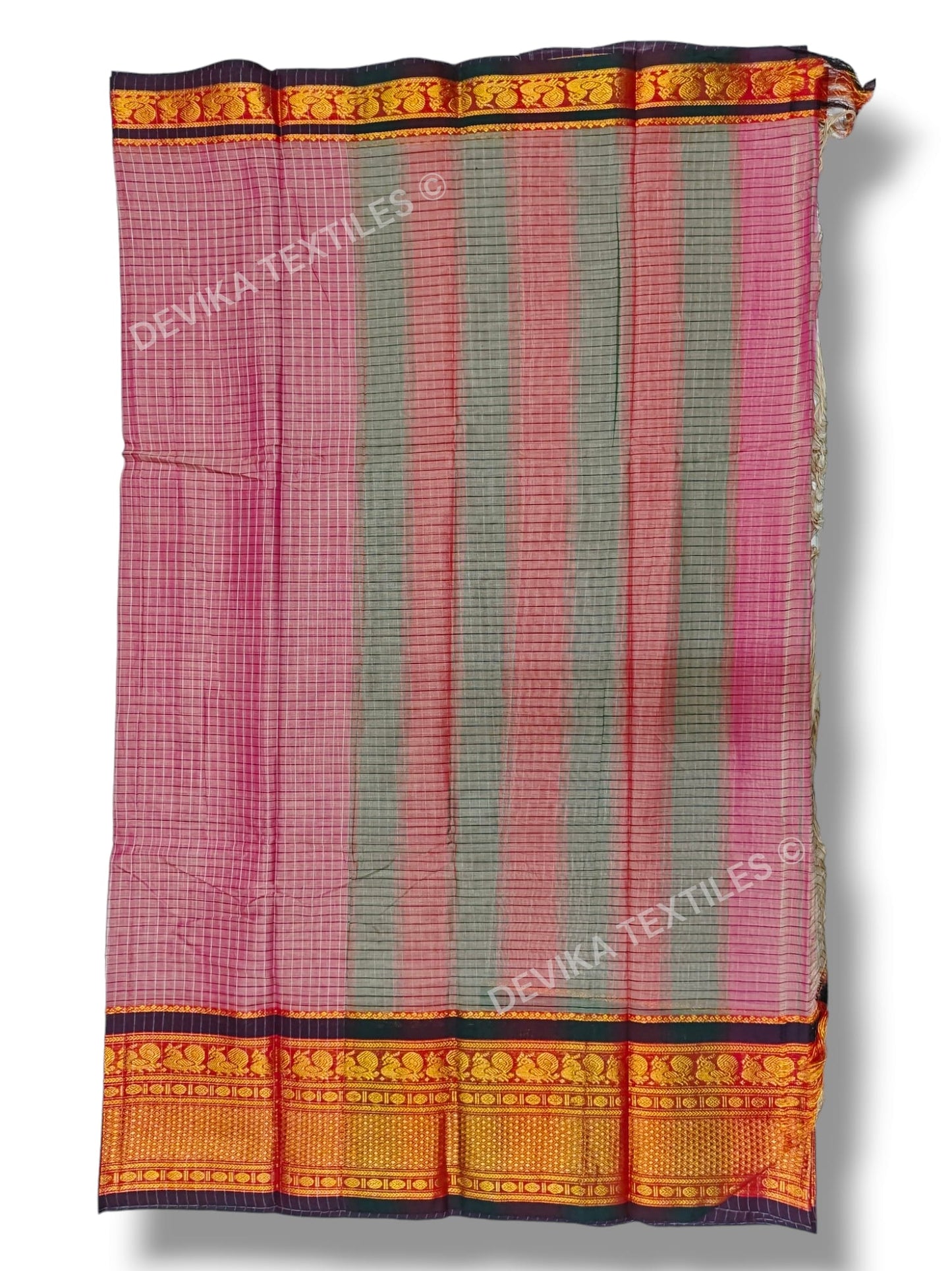 BrickRed Peacock Checks Narayan peth Pure Handloom Cotton Saree with running blouse piece (Same As saree)