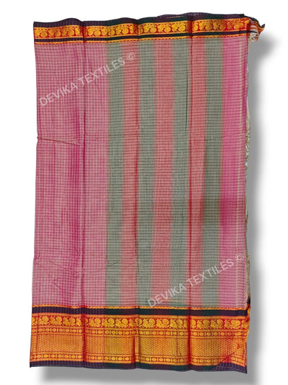 BrickRed Peacock Checks Narayan peth Pure Handloom Cotton Saree with running blouse piece (Same As saree)