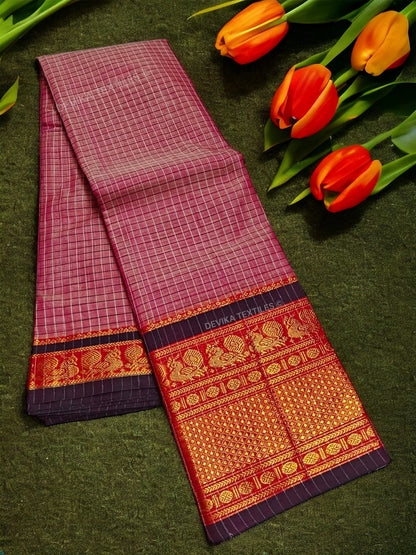 BrickRed Peacock Checks Narayan peth Pure Handloom Cotton Saree with running blouse piece (Same As saree)
