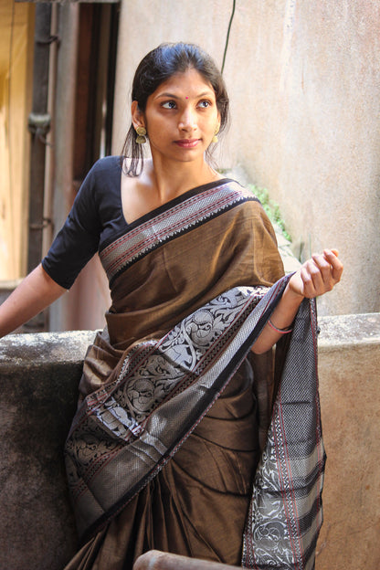 Biege Tanvi Silver Jari Border Narayanpet Pure Cotton saree