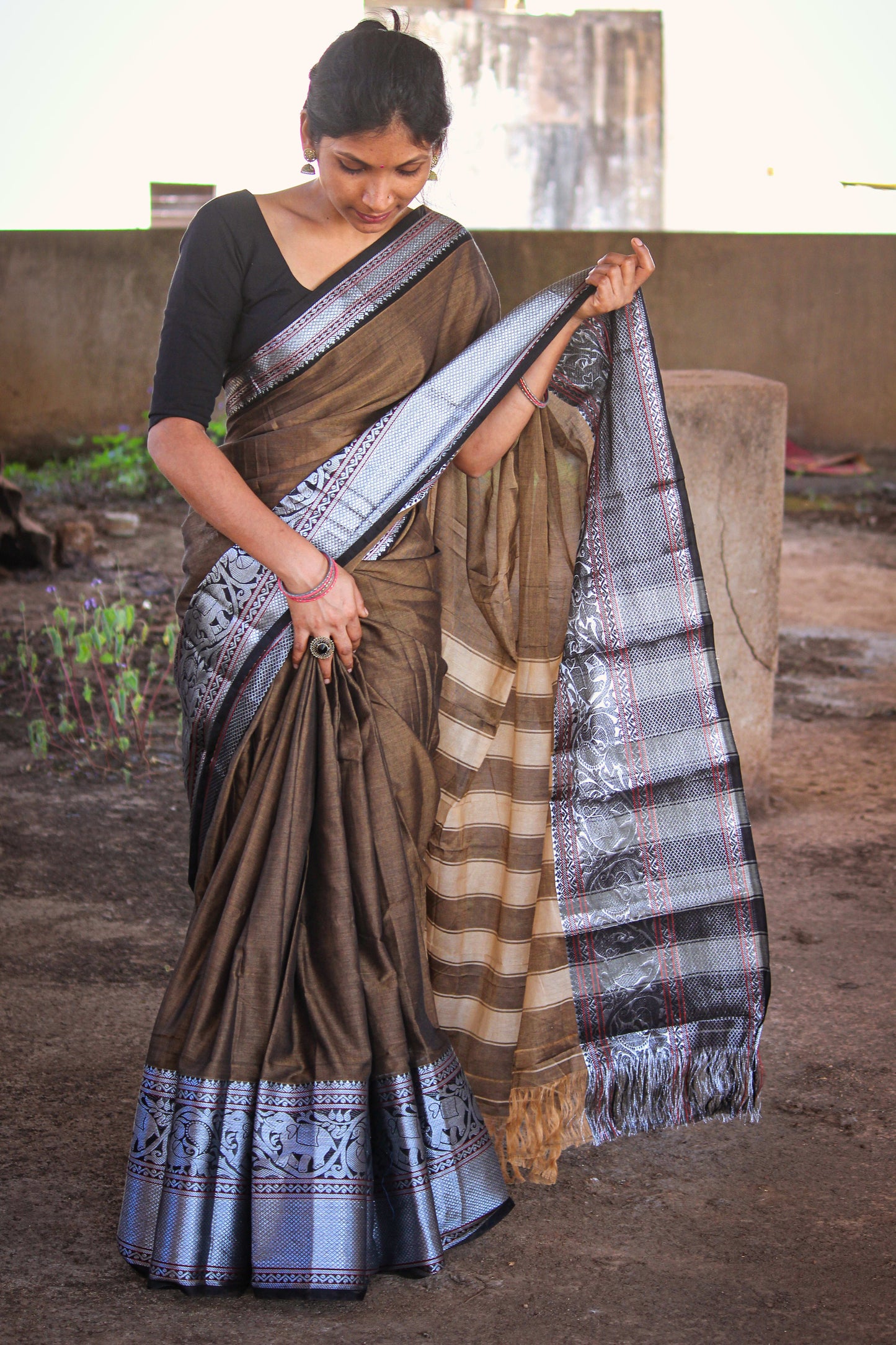 Biege Tanvi Silver Jari Border Narayanpet Pure Cotton saree