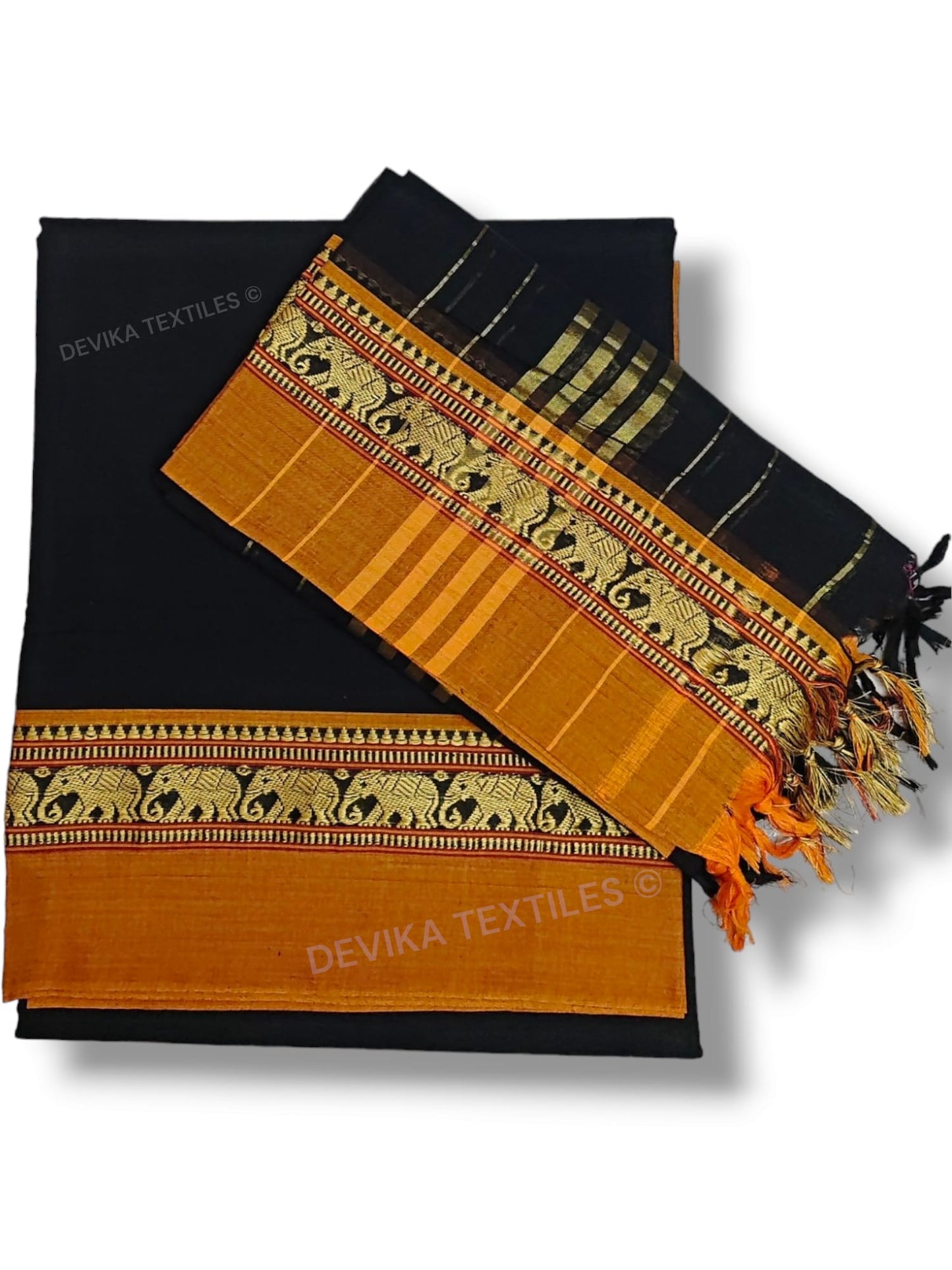 Black 100% Pure Narayanpeth Cotton Elephant Border Dress Material