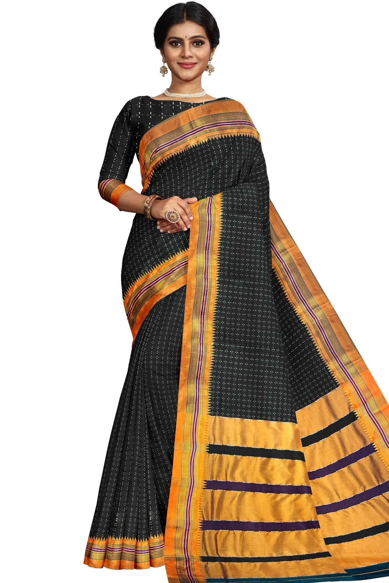 Black Cottonsilk Ilkal starplus pattern saree with running blouse piece(same as saree)