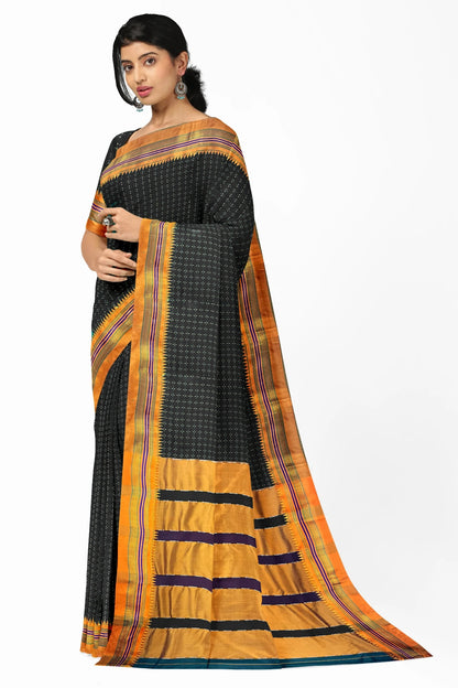 Black Cottonsilk Ilkal starplus pattern saree with running blouse piece(same as saree)