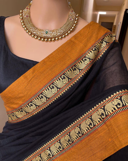 Black(Golden Border) Single Elephant Narayanpet Pure Cotton Saree with running blouse piece