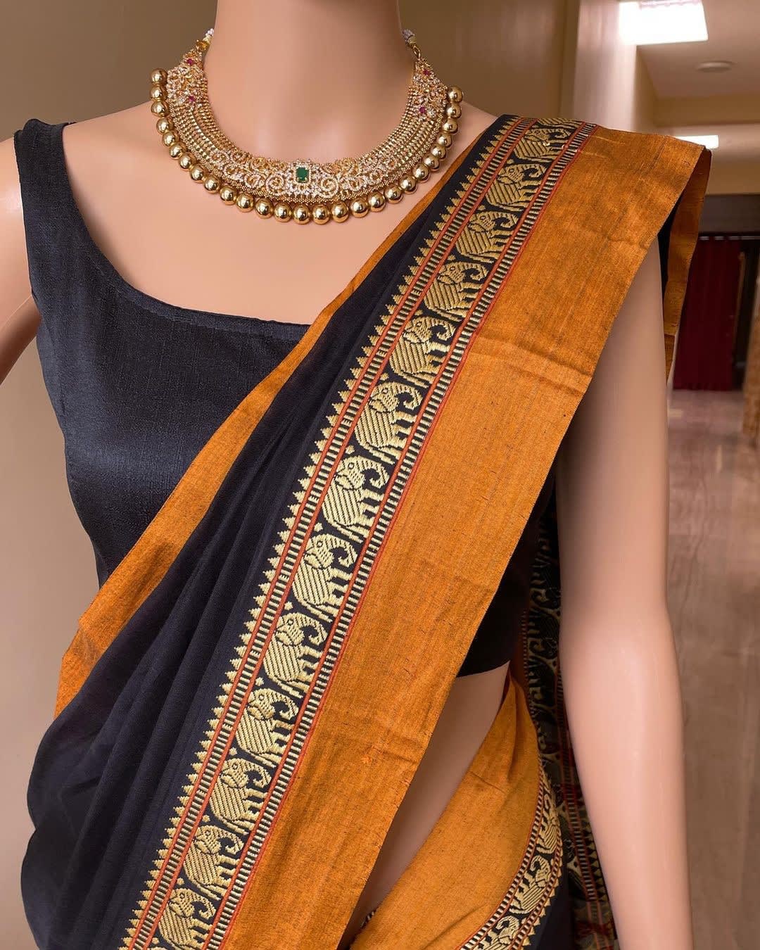 Black(Golden Border) Single Elephant Narayanpet Pure Cotton Saree with running blouse piece