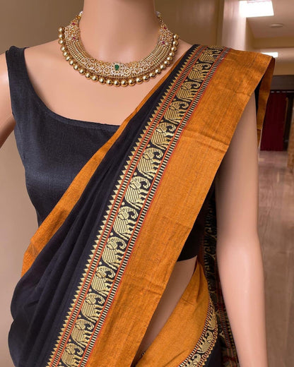 Black(Golden Border) Single Elephant Narayanpet Pure Cotton Saree with running blouse piece