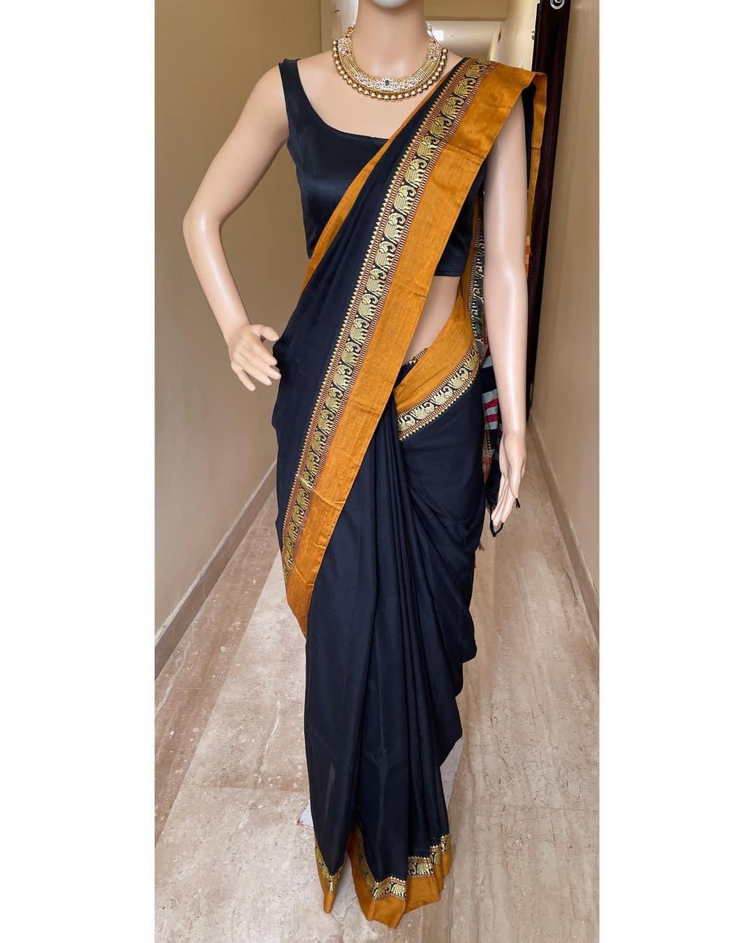 Black(Golden Border) Single Elephant Narayanpet Pure Cotton Saree with running blouse piece