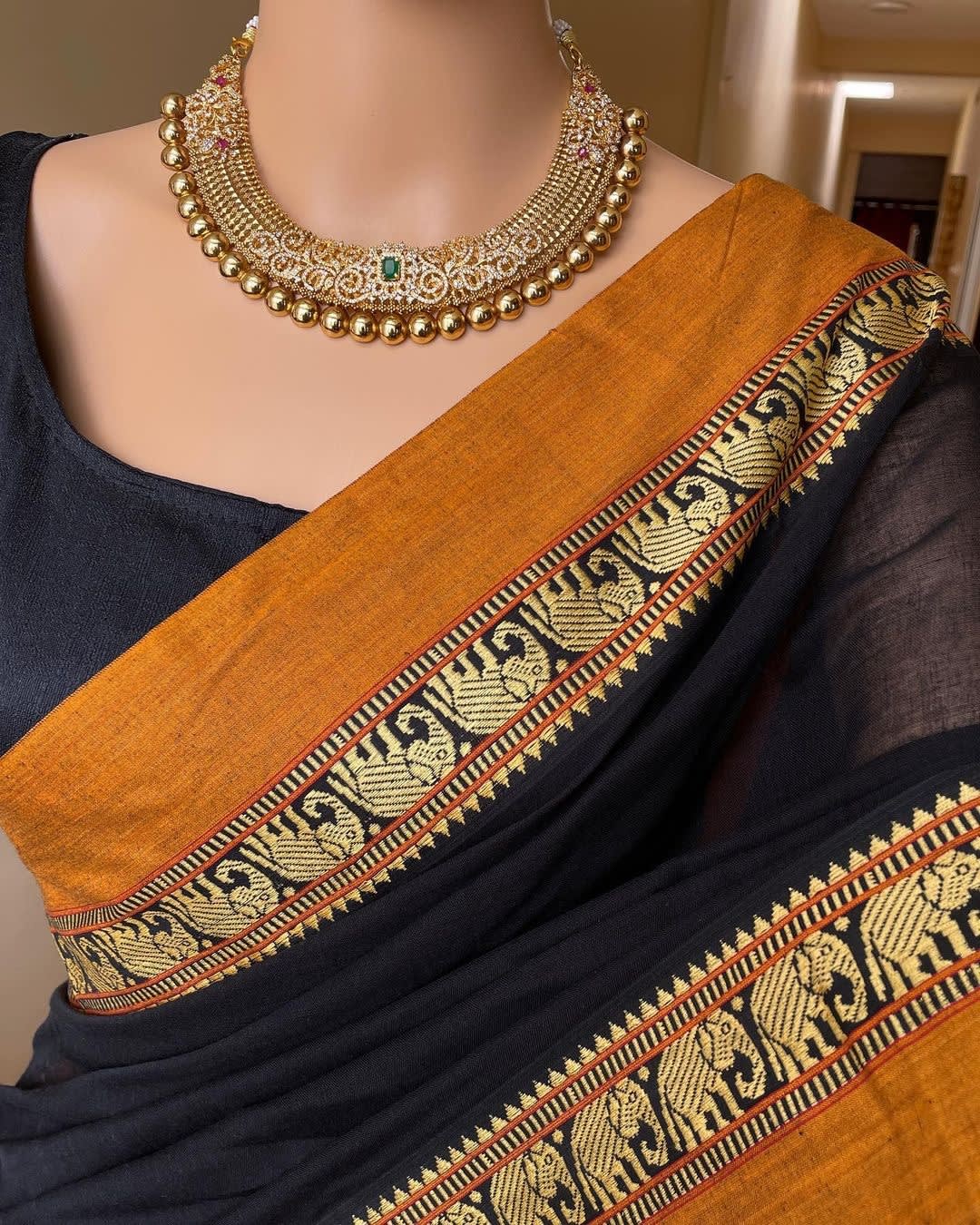 Black(Golden Border) Single Elephant Narayanpet Pure Cotton Saree with running blouse piece