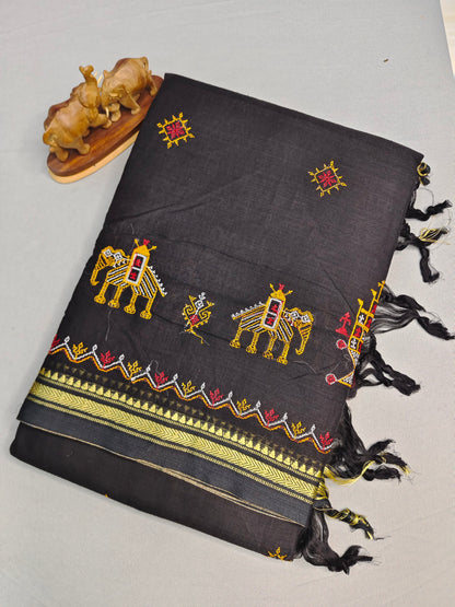 Black Kasuti Embroidered Narayanapet Pure Cotton saree