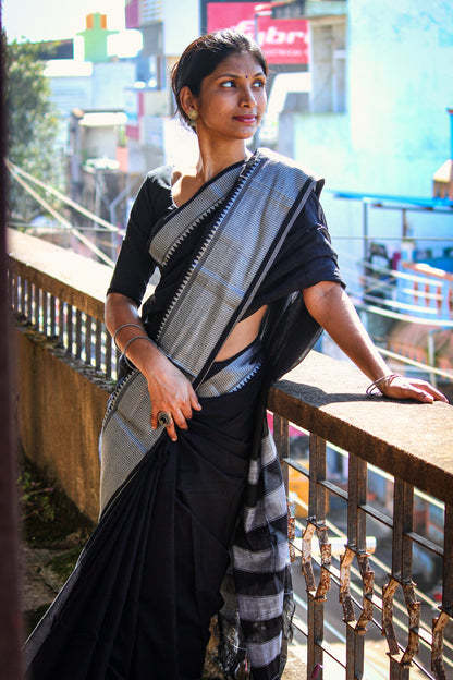 Black Sahitya Silver Jari Border Narayanpet Pure Cotton saree