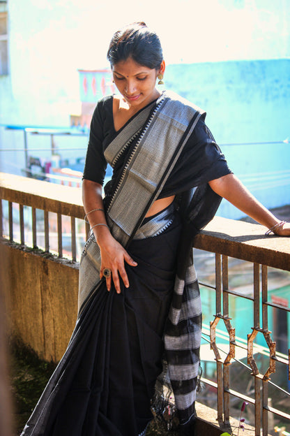 Black Sahitya Silver Jari Border Narayanpet Pure Cotton saree