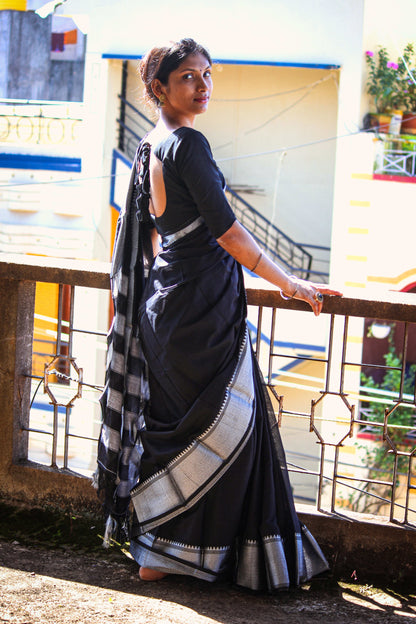 Black Sahitya Silver Jari Border Narayanpet Pure Cotton saree